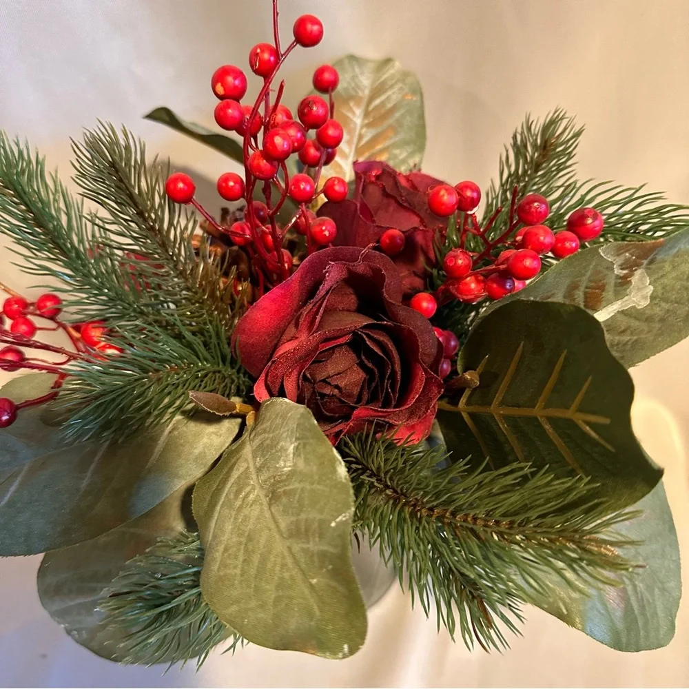 Festive Green and Red Silk Winter Arrangement Roses Berries Pine in Metal Pot